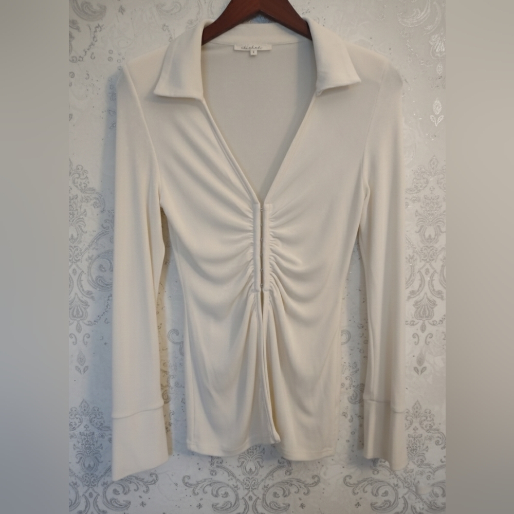 Et Clet Cream/Ivory Ruched Hook-Eye Long Sleeve Collared Top Blouse Sz S